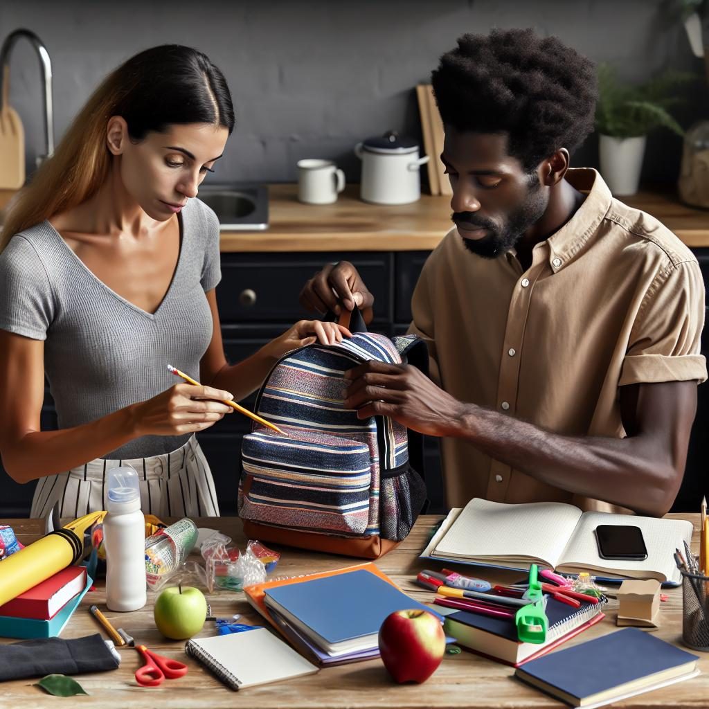 Parents preparing school backpack