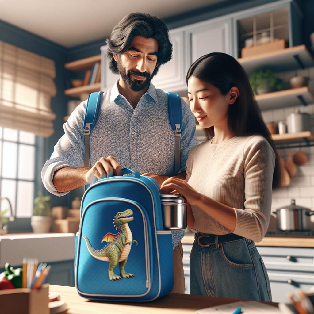 Parents preparing child's backpack