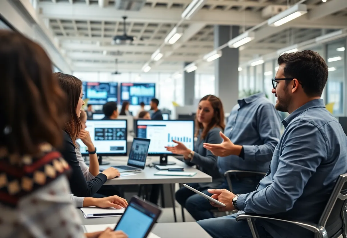 Professionals in a marketing office collaborating on strategies