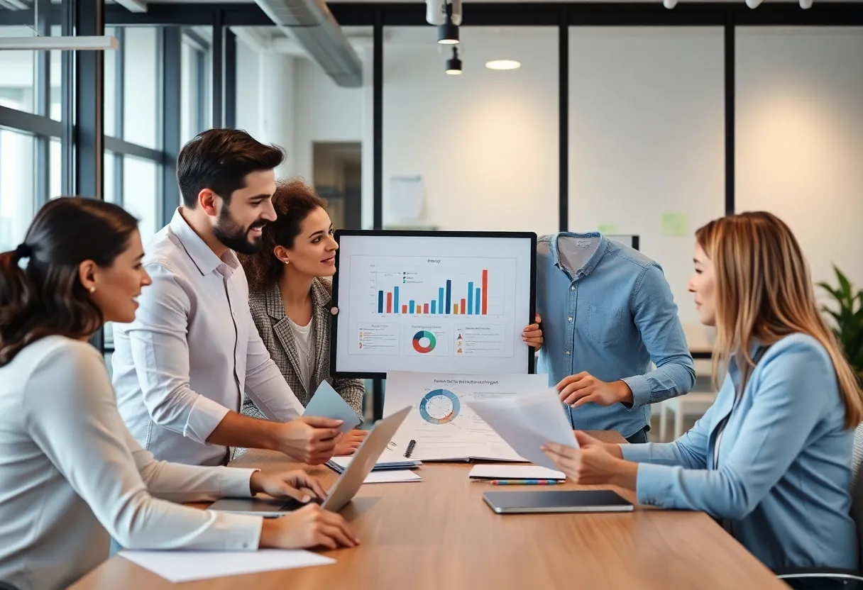 A digital marketing team discussing strategy frameworks in a modern office.
