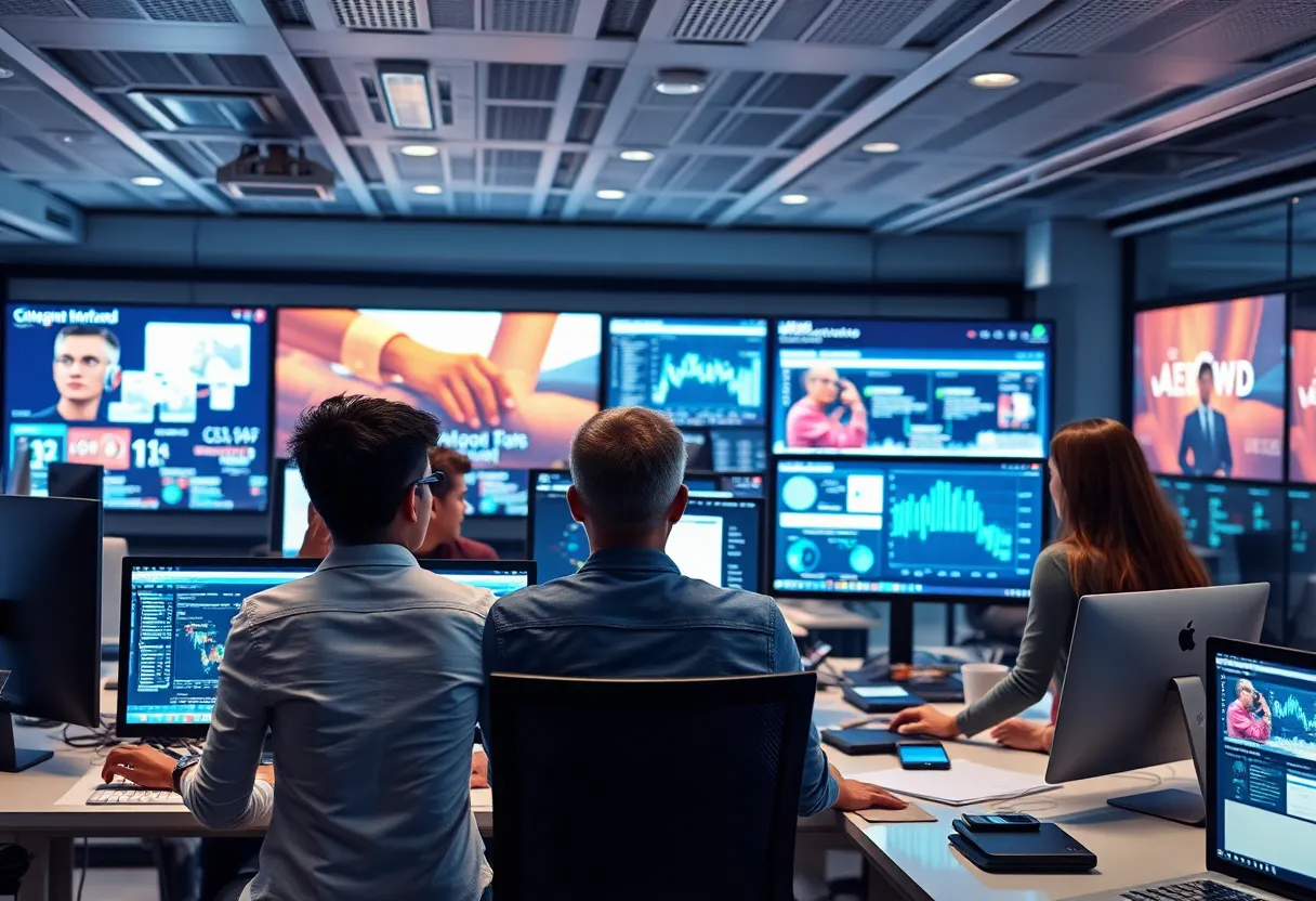 Professionals using AI technology in a digital marketing setting