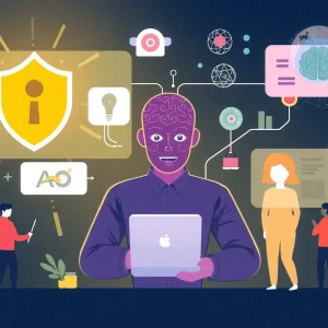 Illustration showcasing B2B marketing trends for 2025 including AI and privacy strategies.