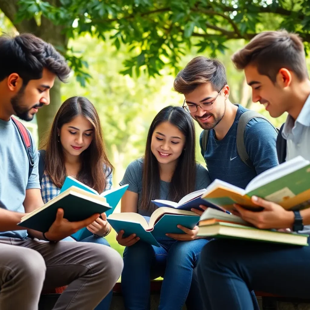 A group of diverse students engaged in study and collaboration on campus