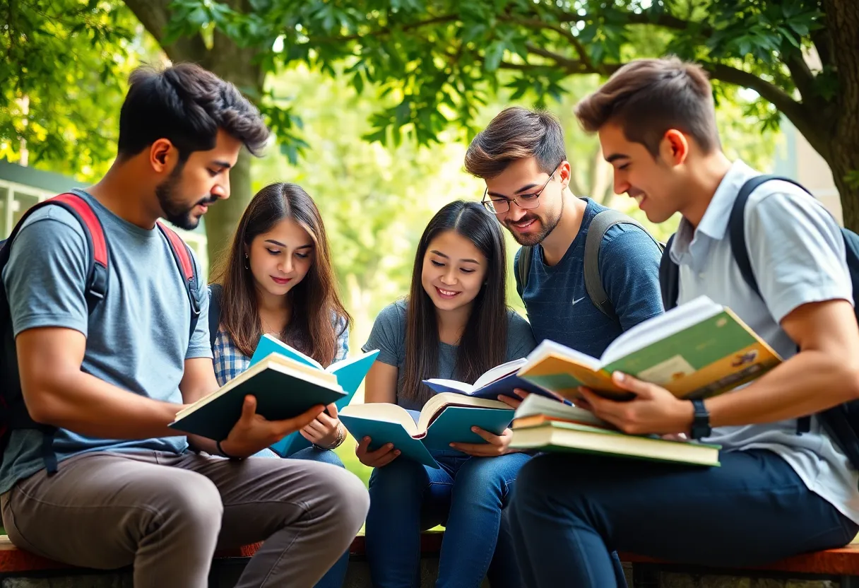 A group of diverse students engaged in study and collaboration on campus