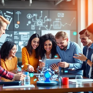 Professionals collaborating on marketing customer experience strategies using advanced technology.