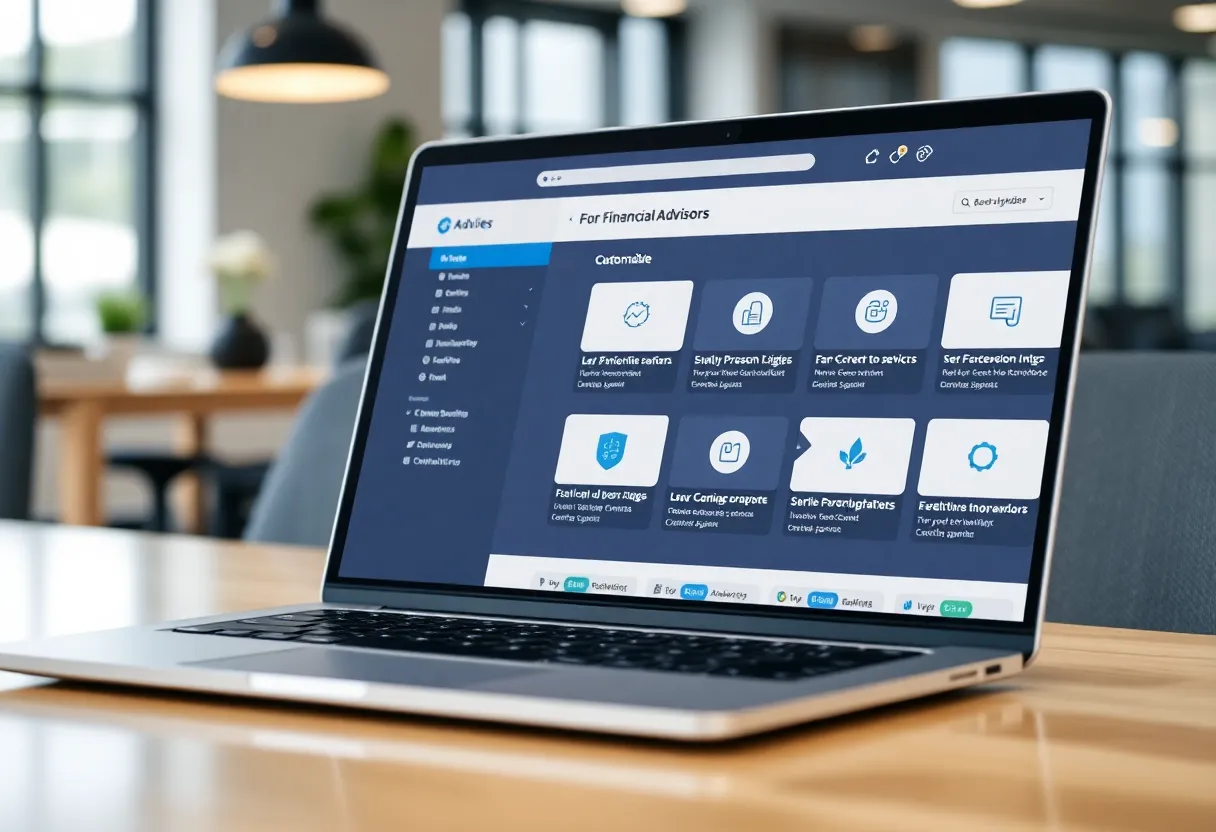 Screenshot of a digital marketing platform for financial advisors on a laptop.