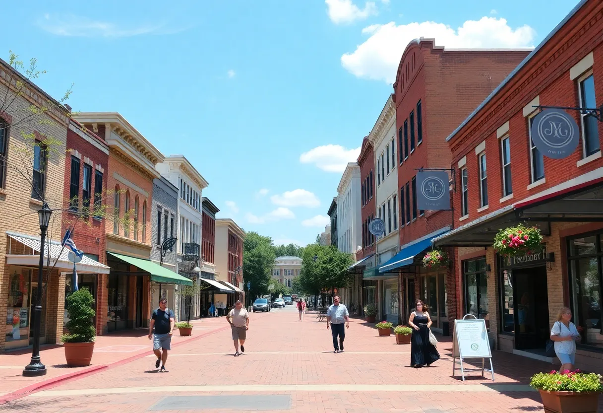 A scenic street view of downtown Newberry, South Carolina with historic architecture.