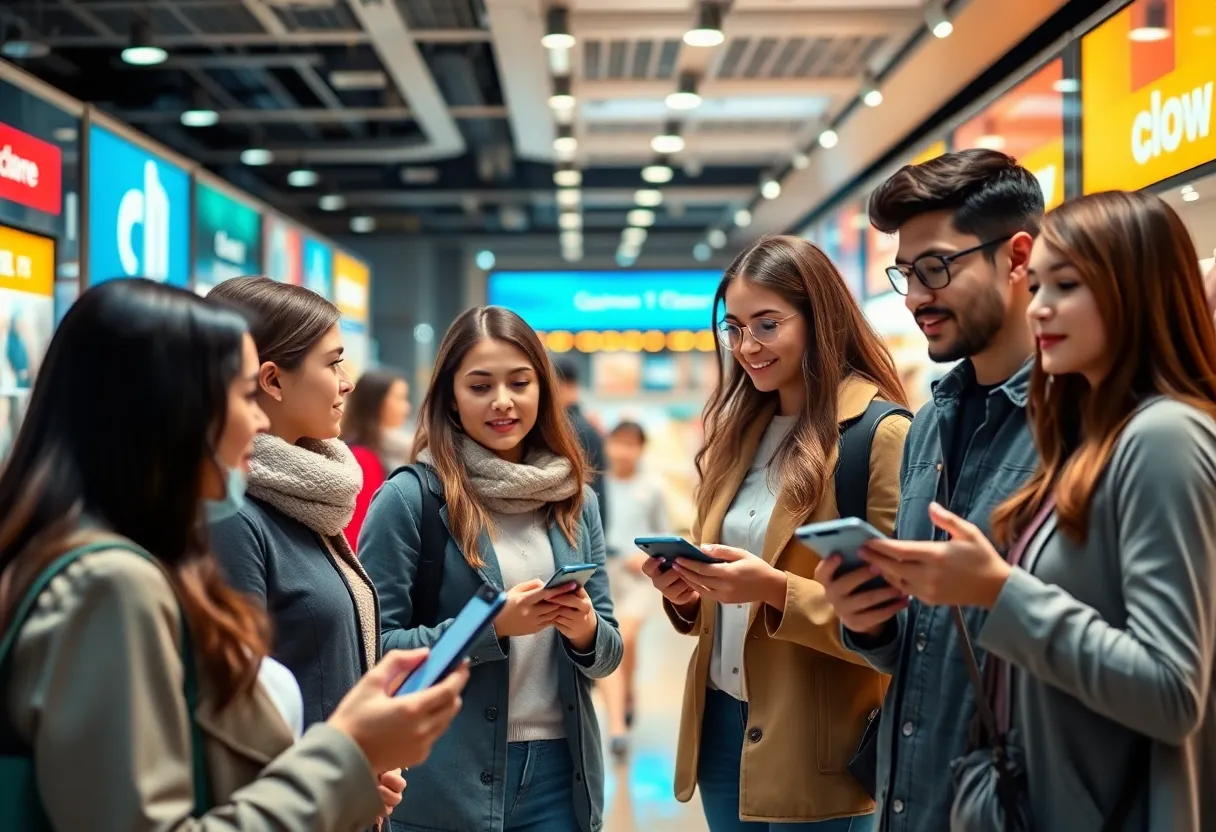 Shoppers engaging with AI-powered shopping assistants in a retail environment.