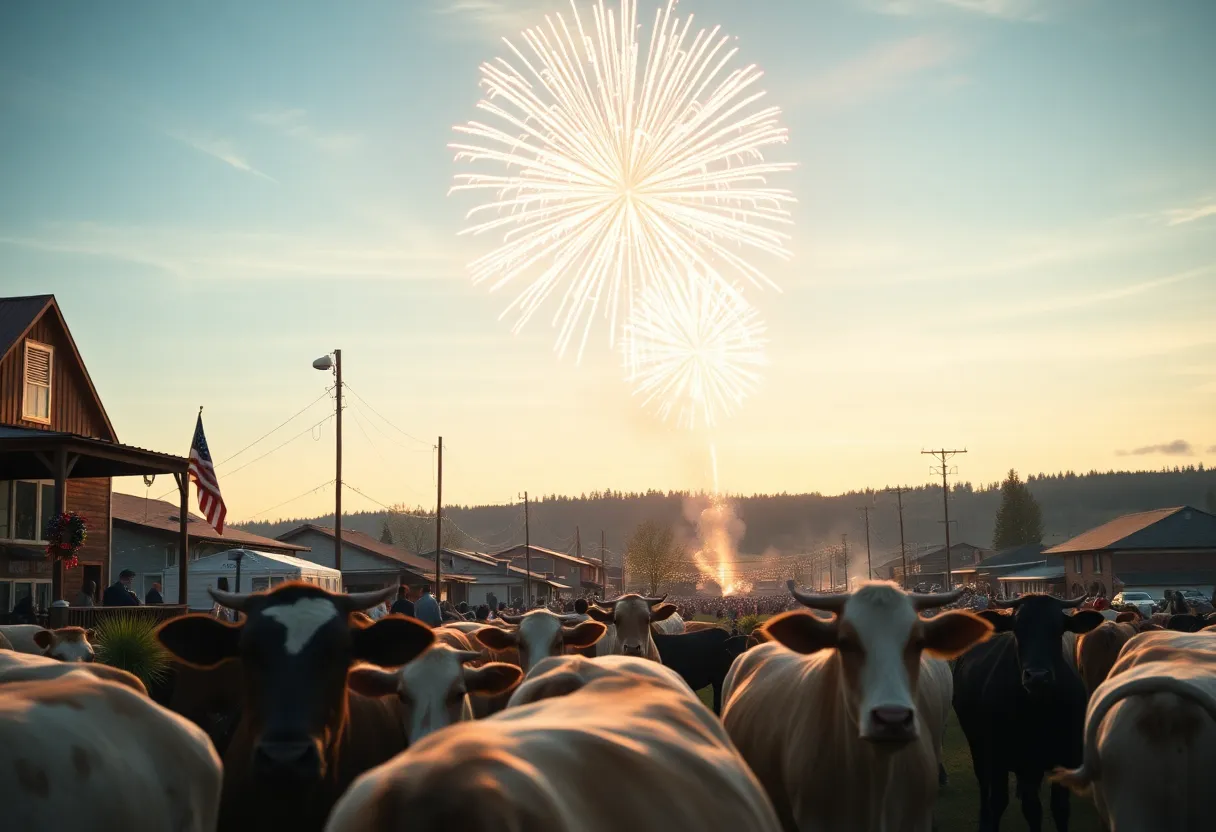Fireworks exploding over a small town with livestock in the foreground during a festive celebration.