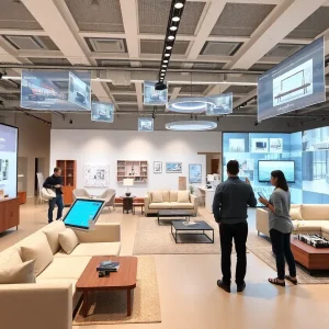 3D visualization of a modern furniture showroom partnership between FMG and Intiaro.