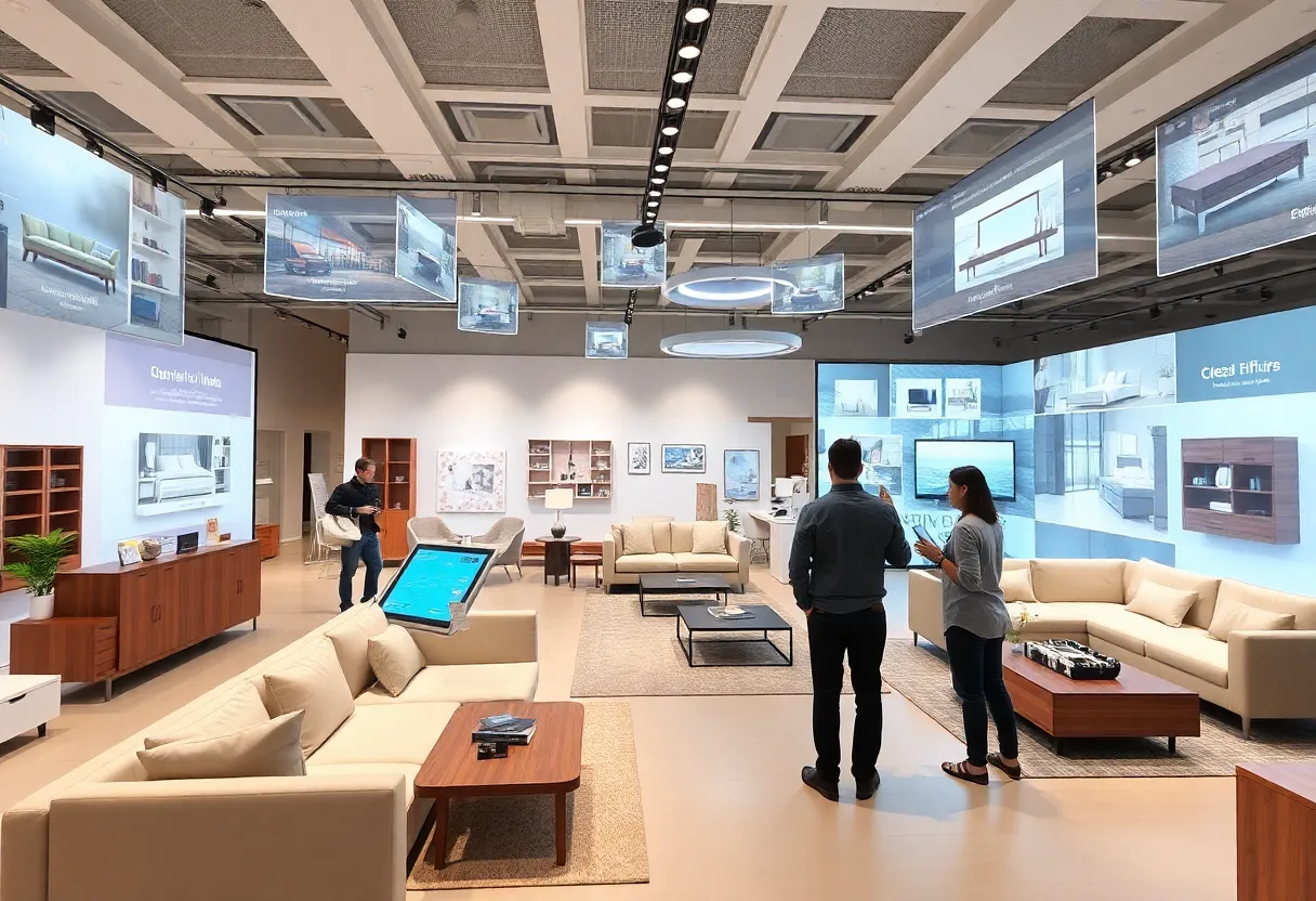 3D visualization of a modern furniture showroom partnership between FMG and Intiaro.