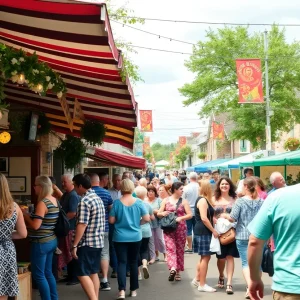 A vibrant scene of a weekend event in Fountain Inn with musicians and food vendors