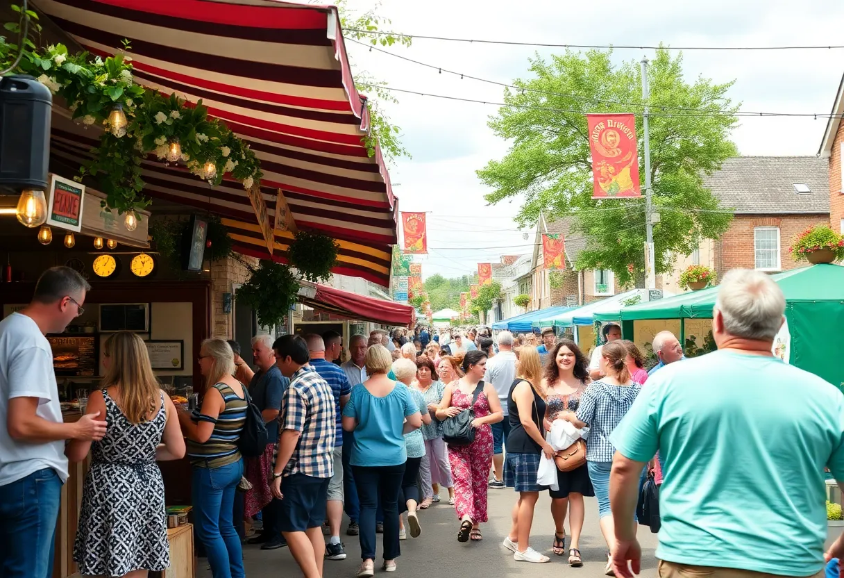 A vibrant scene of a weekend event in Fountain Inn with musicians and food vendors
