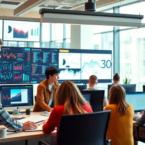 Teams analyzing advertising trends for 2025 in a modern office space.