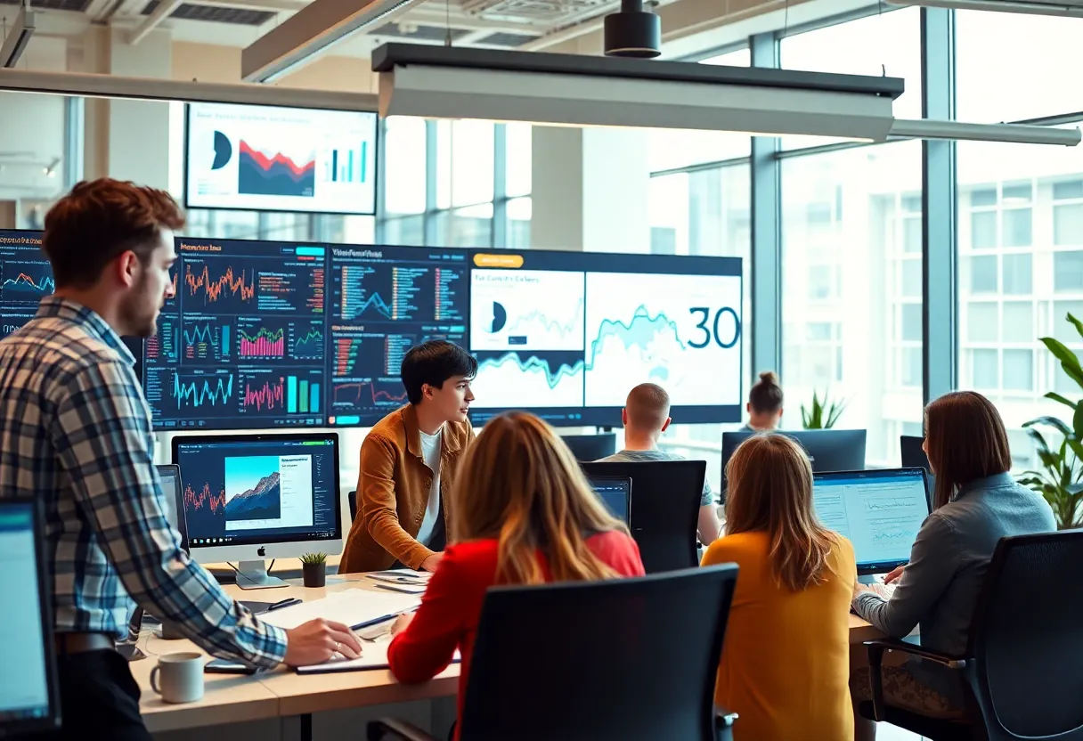 Teams analyzing advertising trends for 2025 in a modern office space.