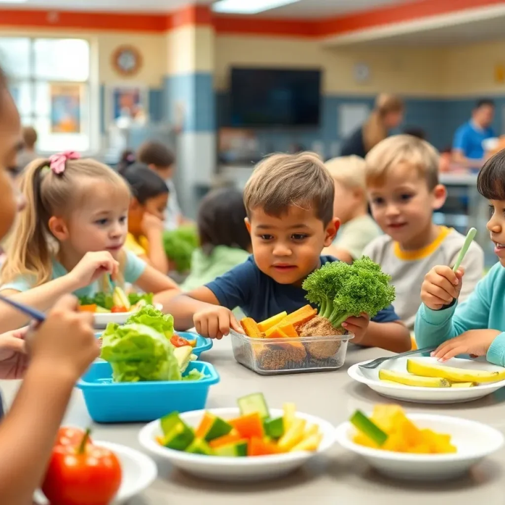 Children enjoying healthy meals in a school cafeteria.