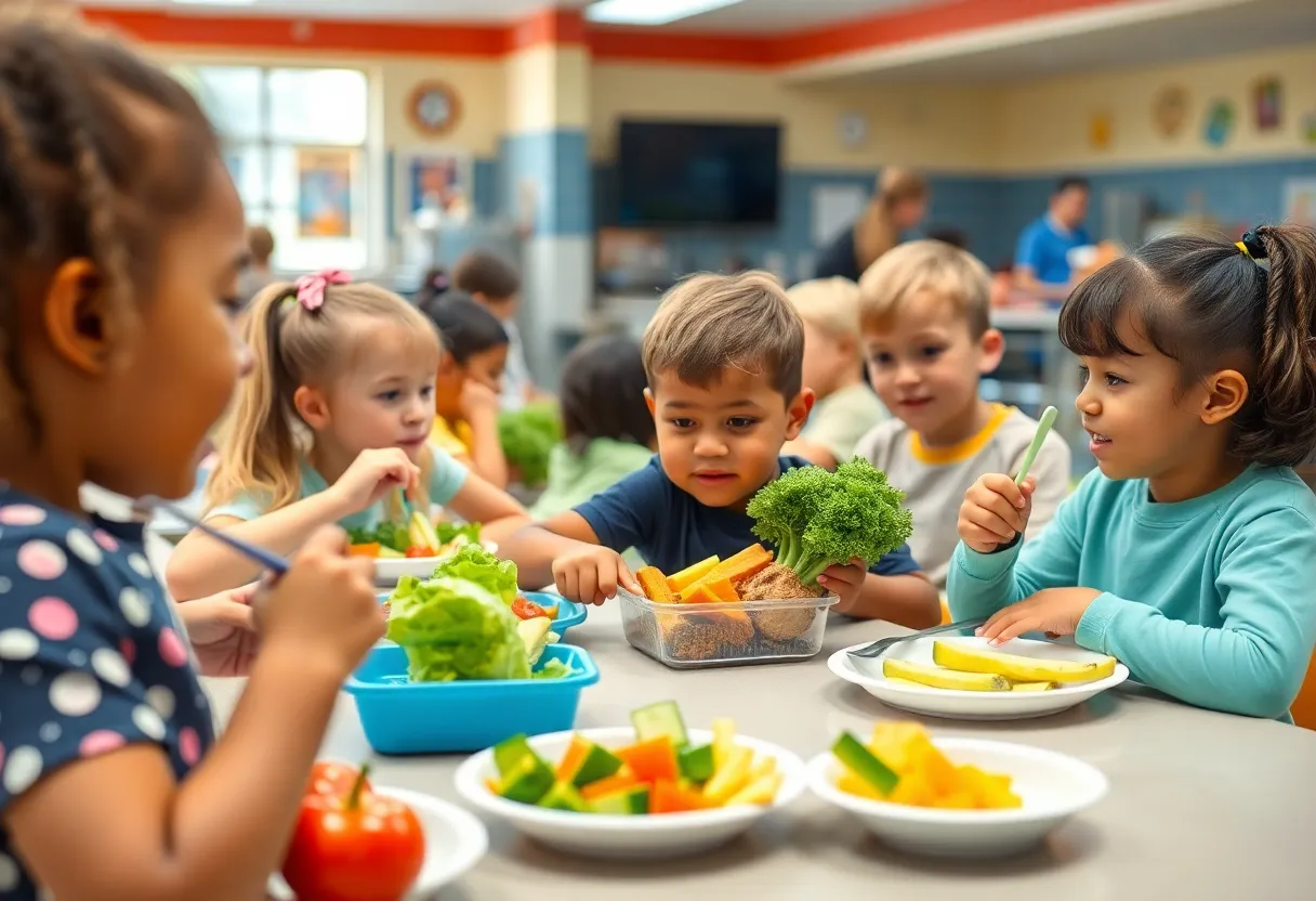 Children enjoying healthy meals in a school cafeteria.