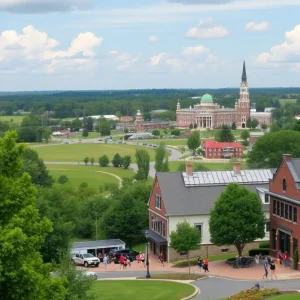 Scenic landscape of Laurens County showcasing greenery and historical architecture.