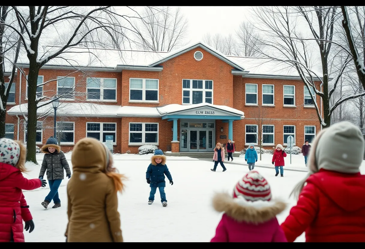 Midlands school covered in snow with children playing.