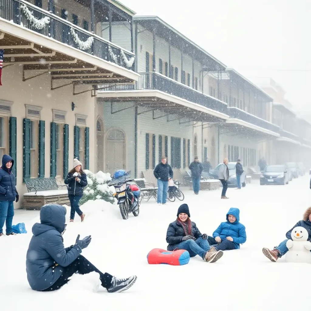 Historic snowfall in New Orleans with residents enjoying winter activities.