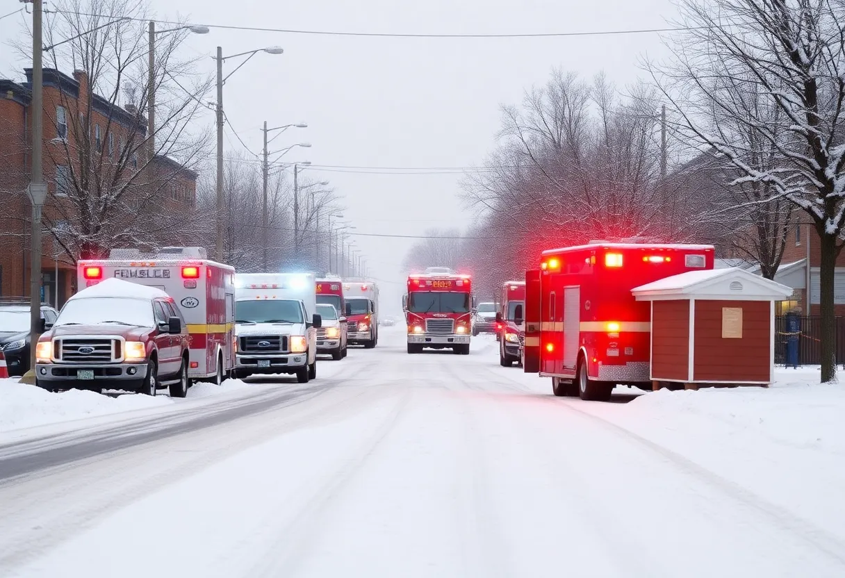 Emergency response vehicles in a snow-covered area supporting residents during winter weather