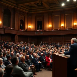 Audience at Presbyterian College auditorium during Olivia Aldridge's presentation