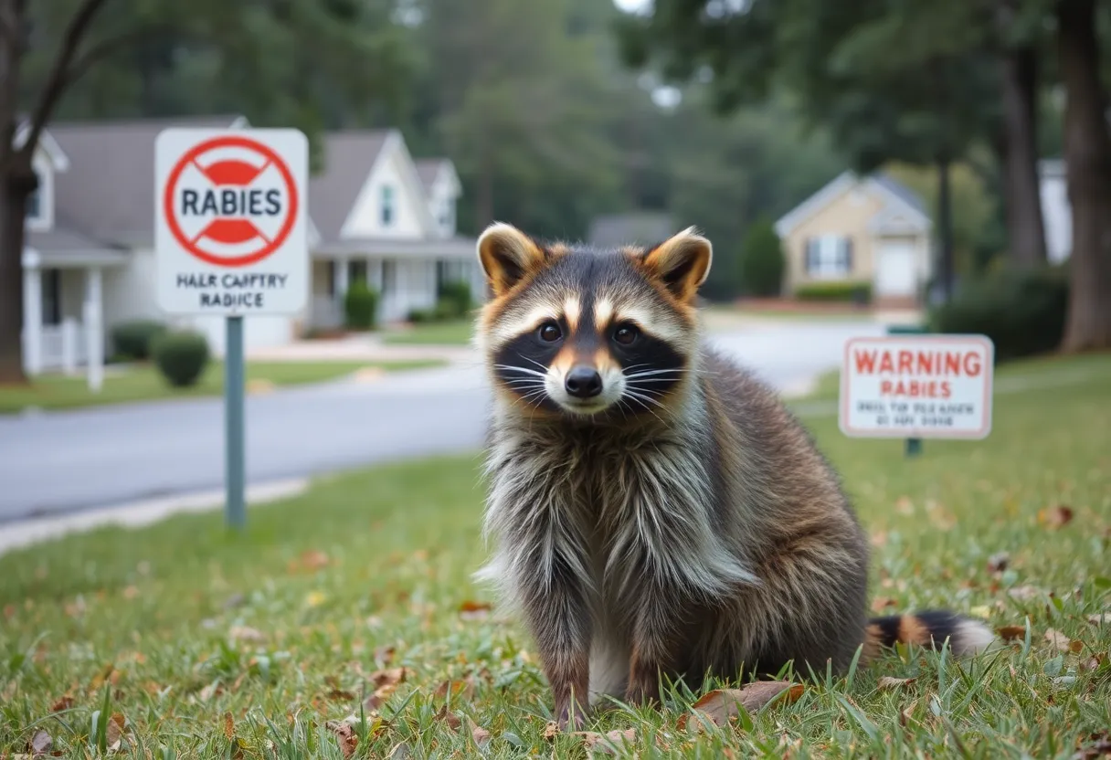 Raccoon warning sign in a suburban neighborhood of Clinton SC