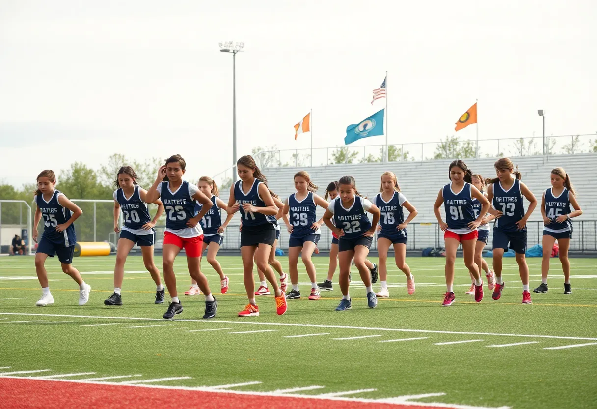 High school athletes practicing on a sports field