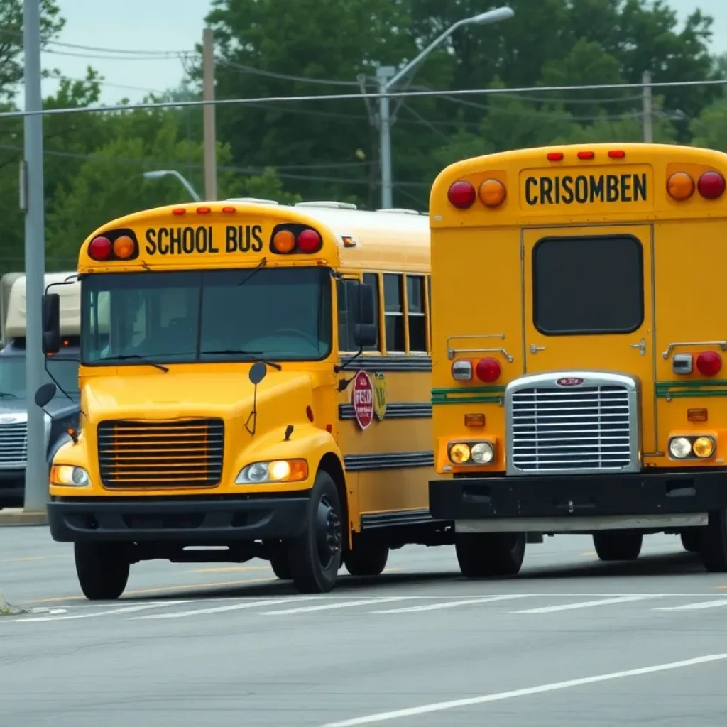 Scene of a school bus collision with a tractor-trailer at an intersection in Newberry County