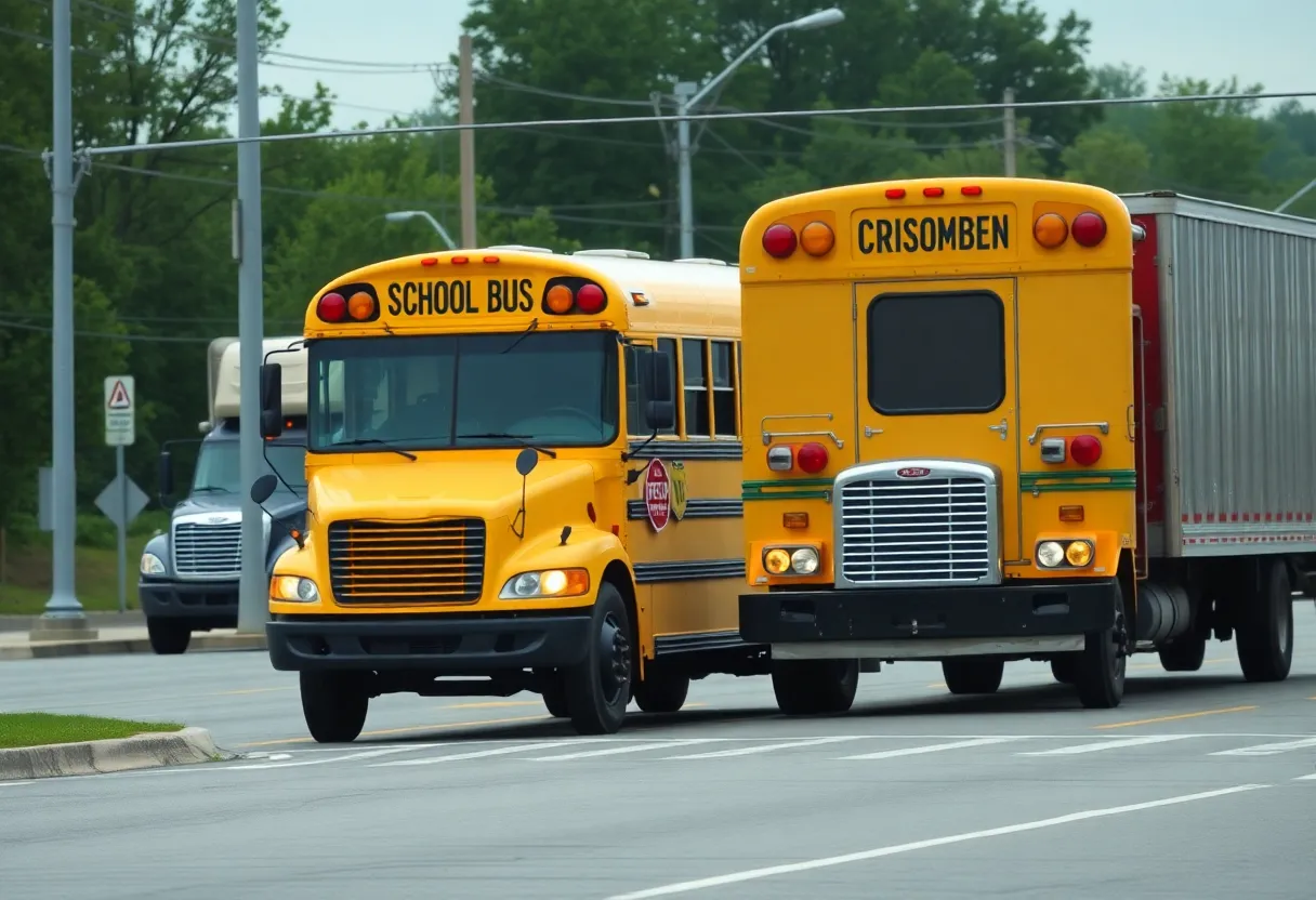 Scene of a school bus collision with a tractor-trailer at an intersection in Newberry County