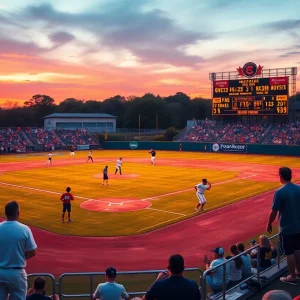 High school baseball teams practicing on a field with fans in attendance