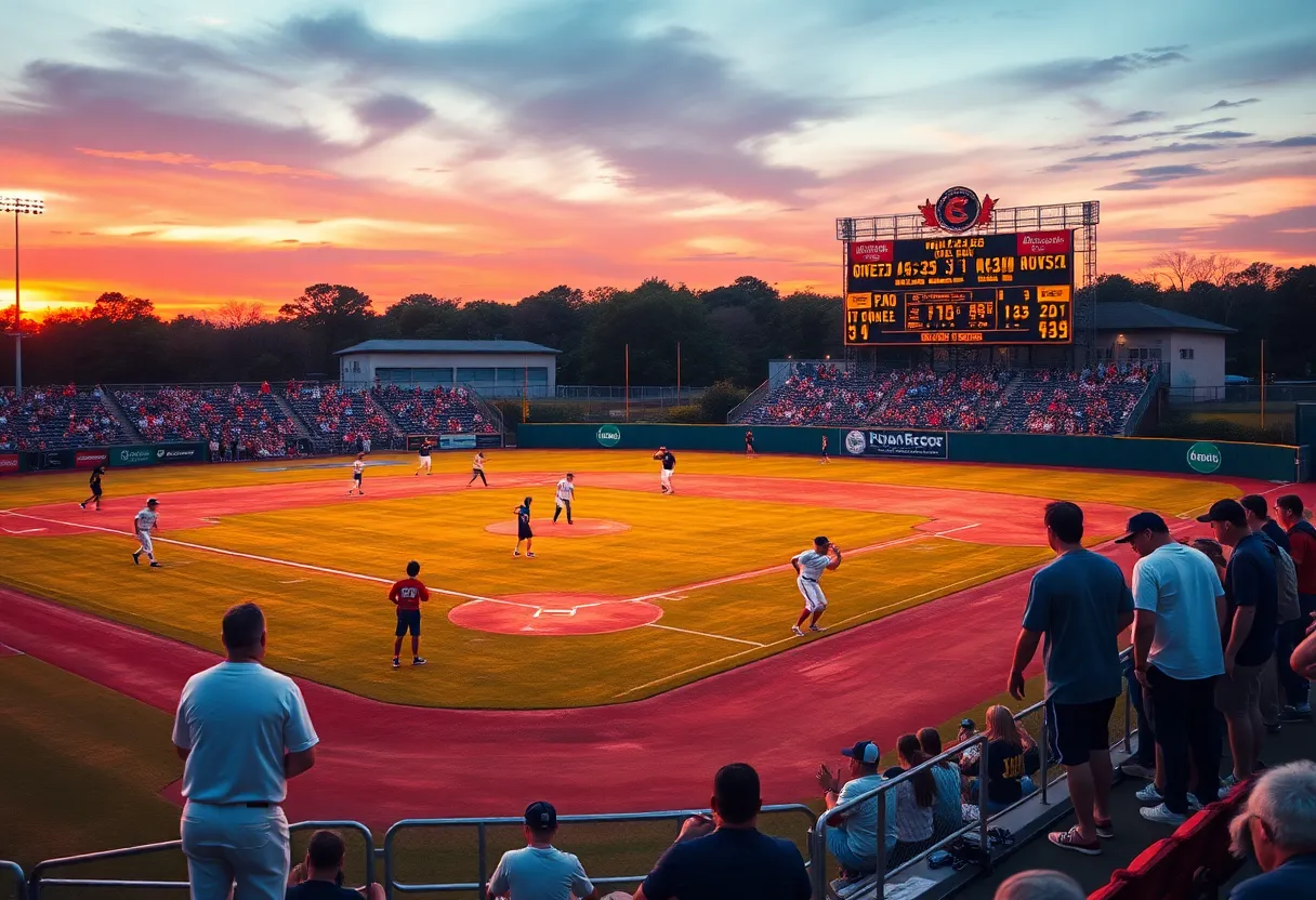 High school baseball teams practicing on a field with fans in attendance