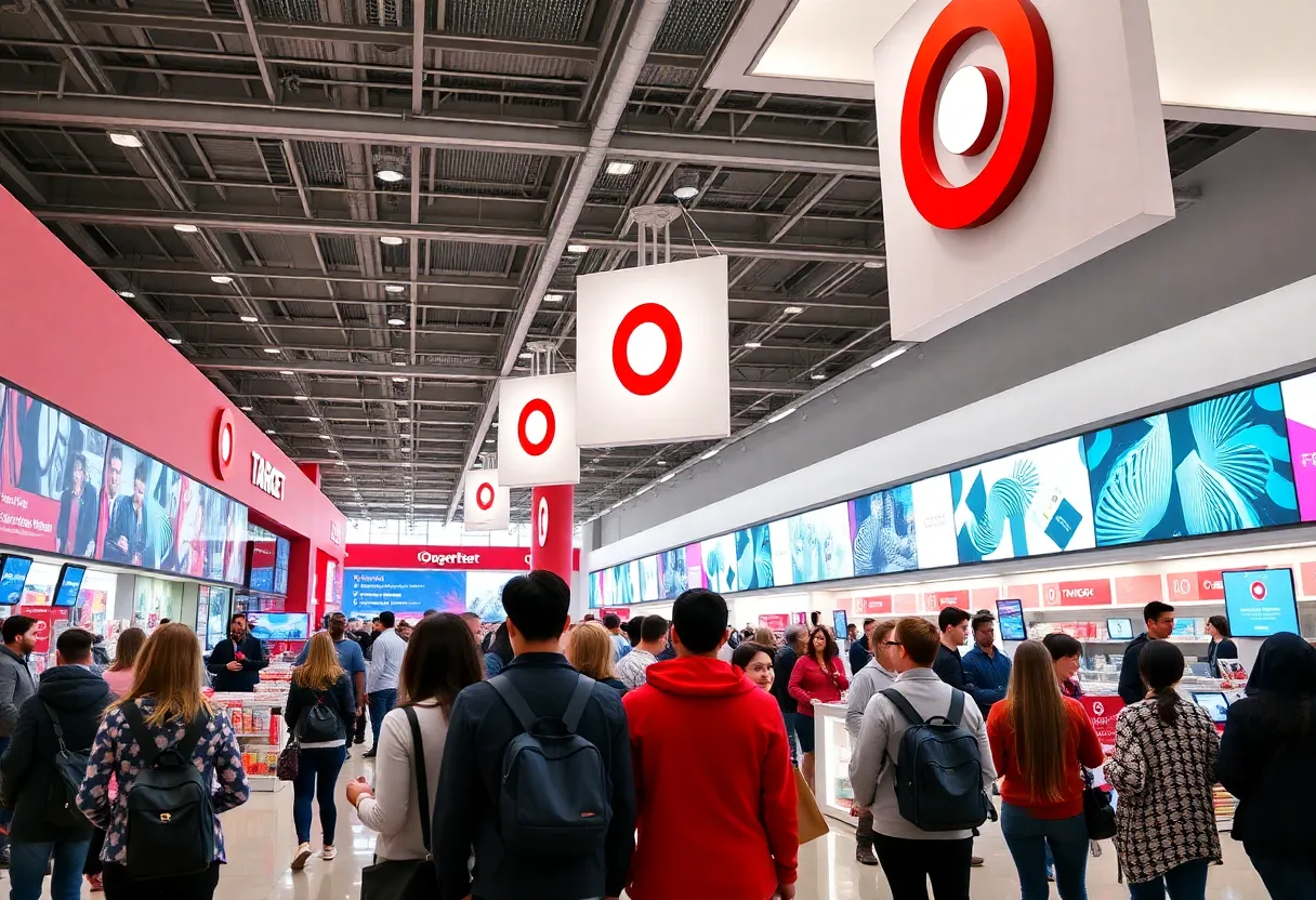 A busy Target store highlighting the enhanced shopping experience with diverse customers and modern marketing displays.