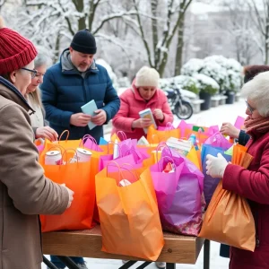 Community members filling gift bags for the elderly in Clinton.
