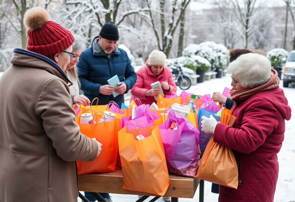Community members filling gift bags for the elderly in Clinton.