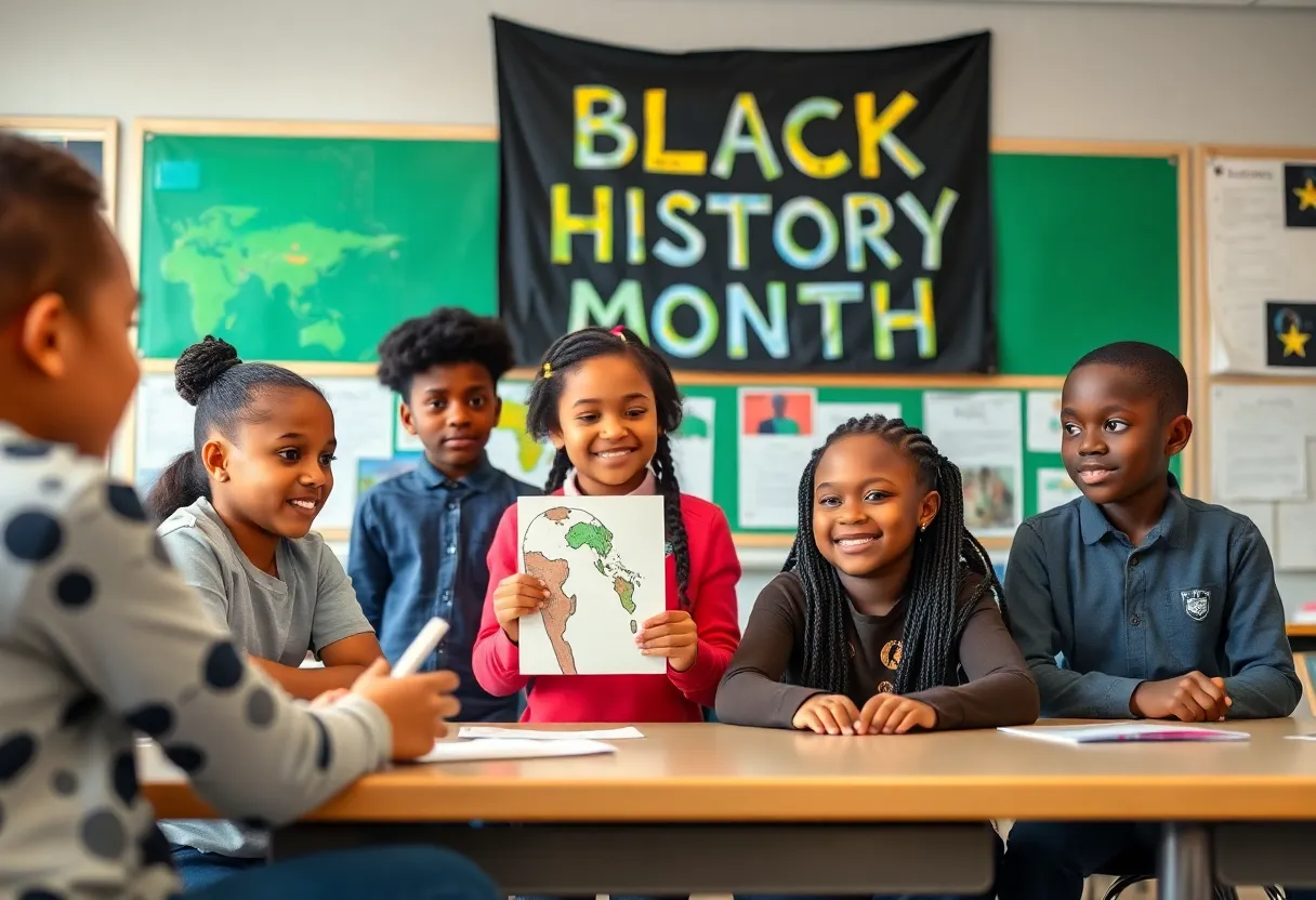 Students celebrating Black History Month with interactive activities.