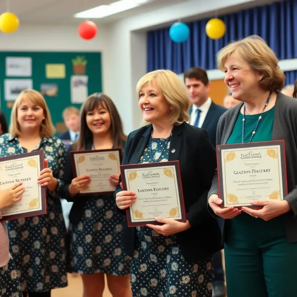 Teachers receiving awards during a school district celebration