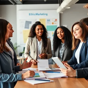 Group discussion on ethical marketing strategies in a modern office.