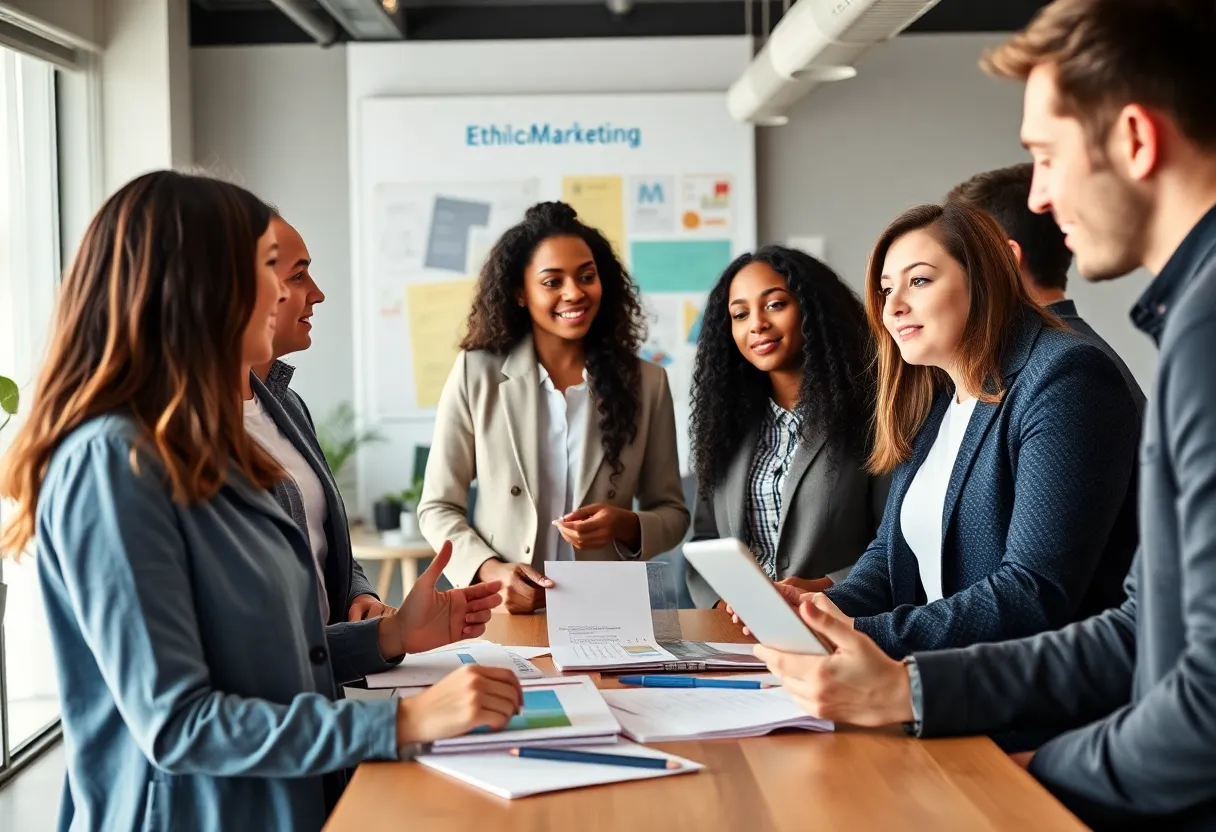 Group discussion on ethical marketing strategies in a modern office.