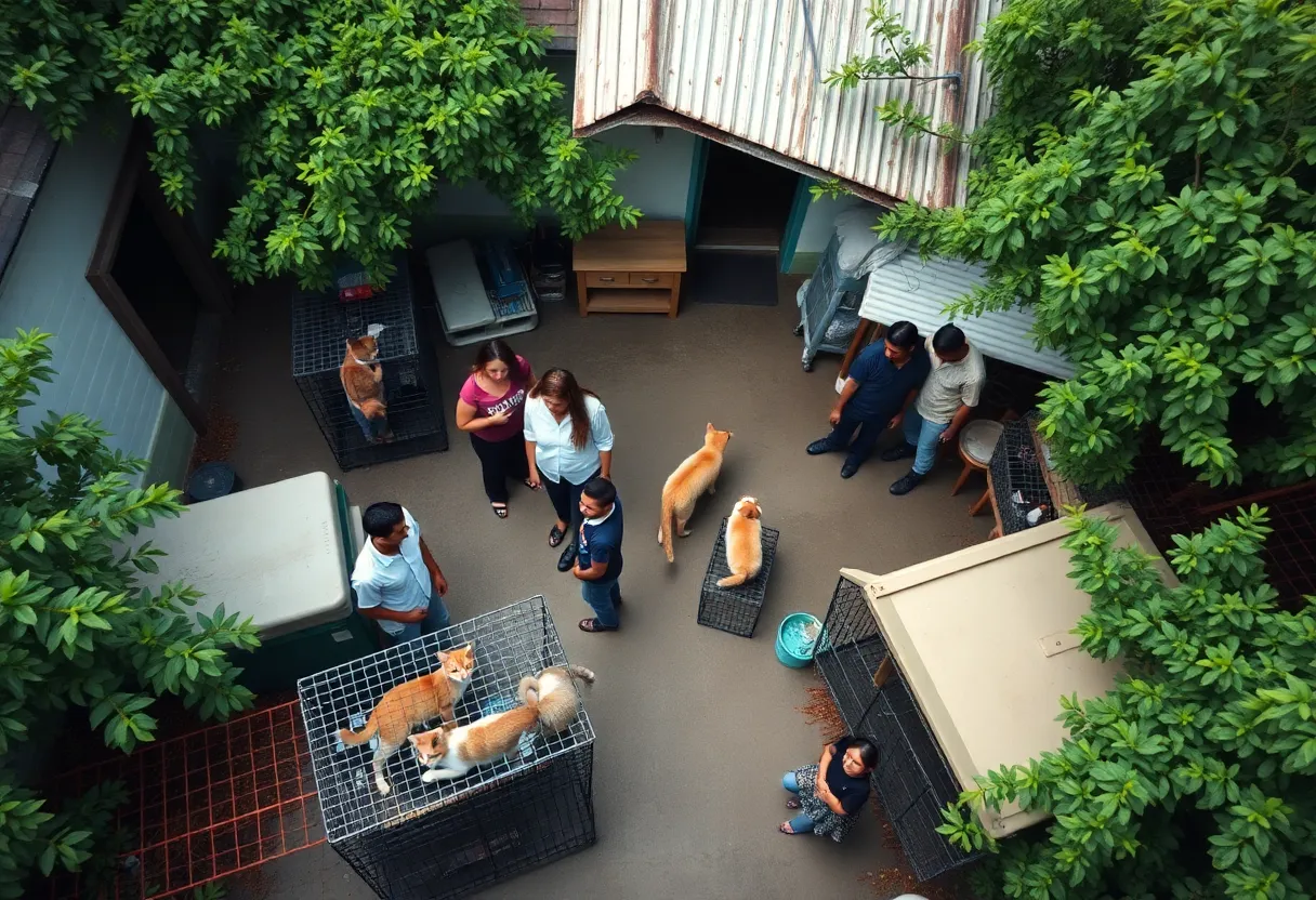 Community members bringing feral cats to a veterinary clinic for spay and neuter services.