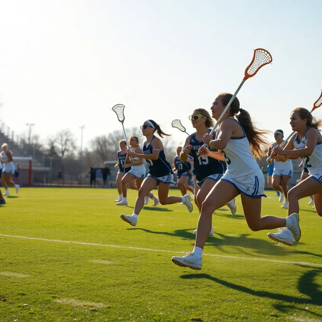 Players celebrating a goal during a lacrosse game