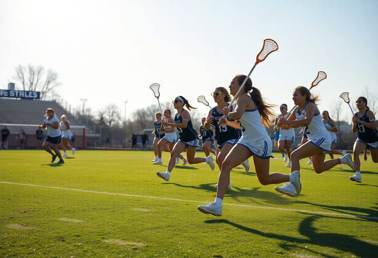 Players celebrating a goal during a lacrosse game