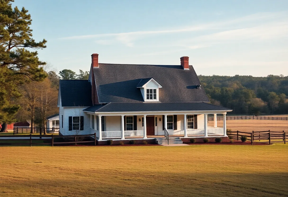 View of a historic horse farm featuring a colonial revival farmhouse and expansive fields in Newberry, SC.