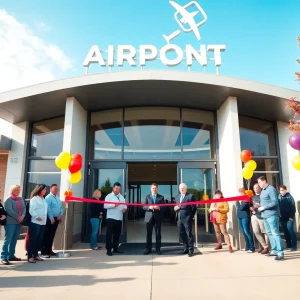 Community members celebrating the grand opening of the Laurens County Airport terminal.