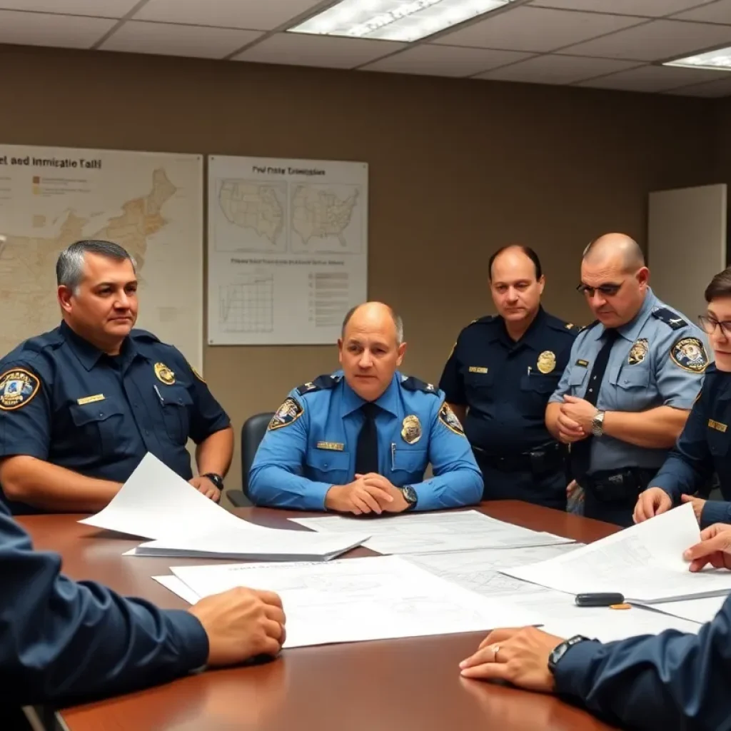 Law enforcement officers in a meeting discussing immigration enforcement.