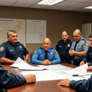 Law enforcement officers in a meeting discussing immigration enforcement.