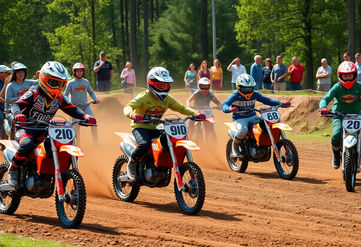 Young dirt bike racers competing in a challenging race