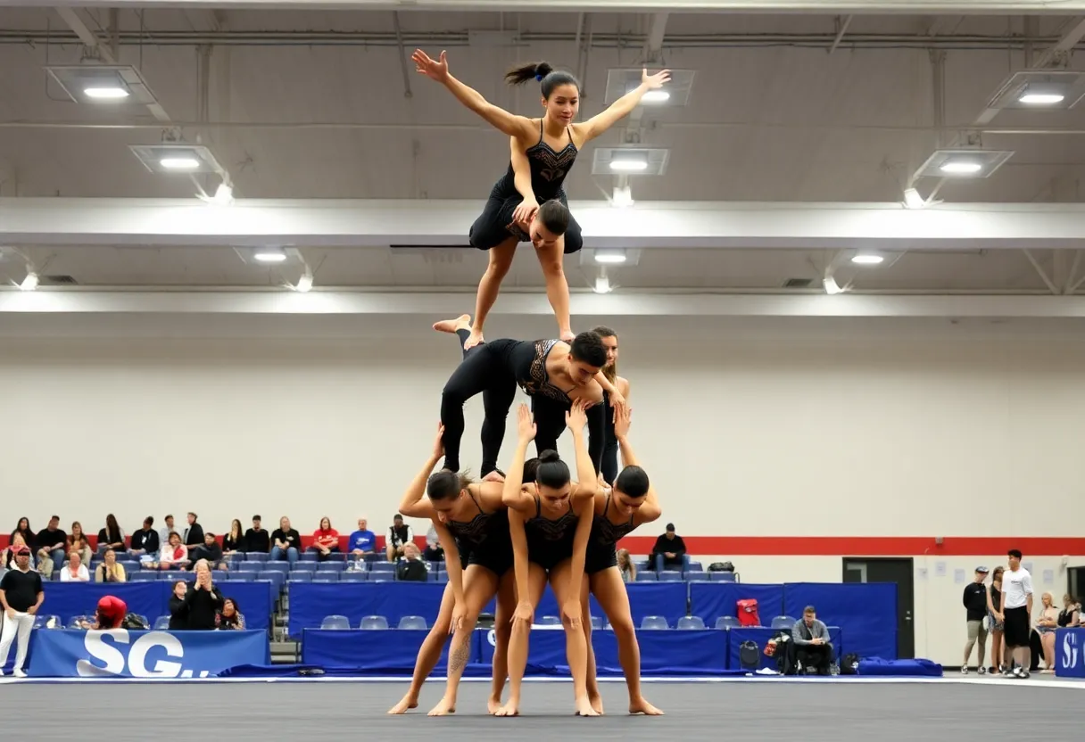 Newberry College Acrobatics team performing a pyramid during a competition