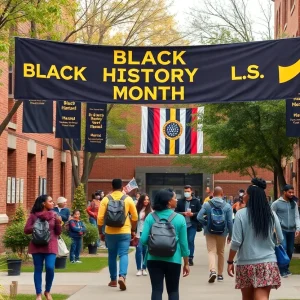 University campus celebrating Black History Month with students and decorations.