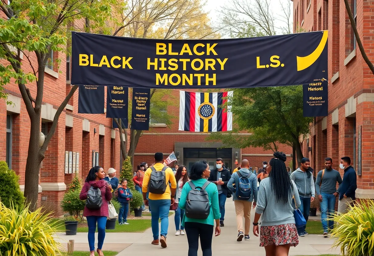 University campus celebrating Black History Month with students and decorations.